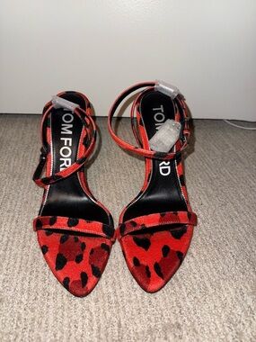 Tom Ford Red and Black Leopard-Print Ankle-Strap Pumps